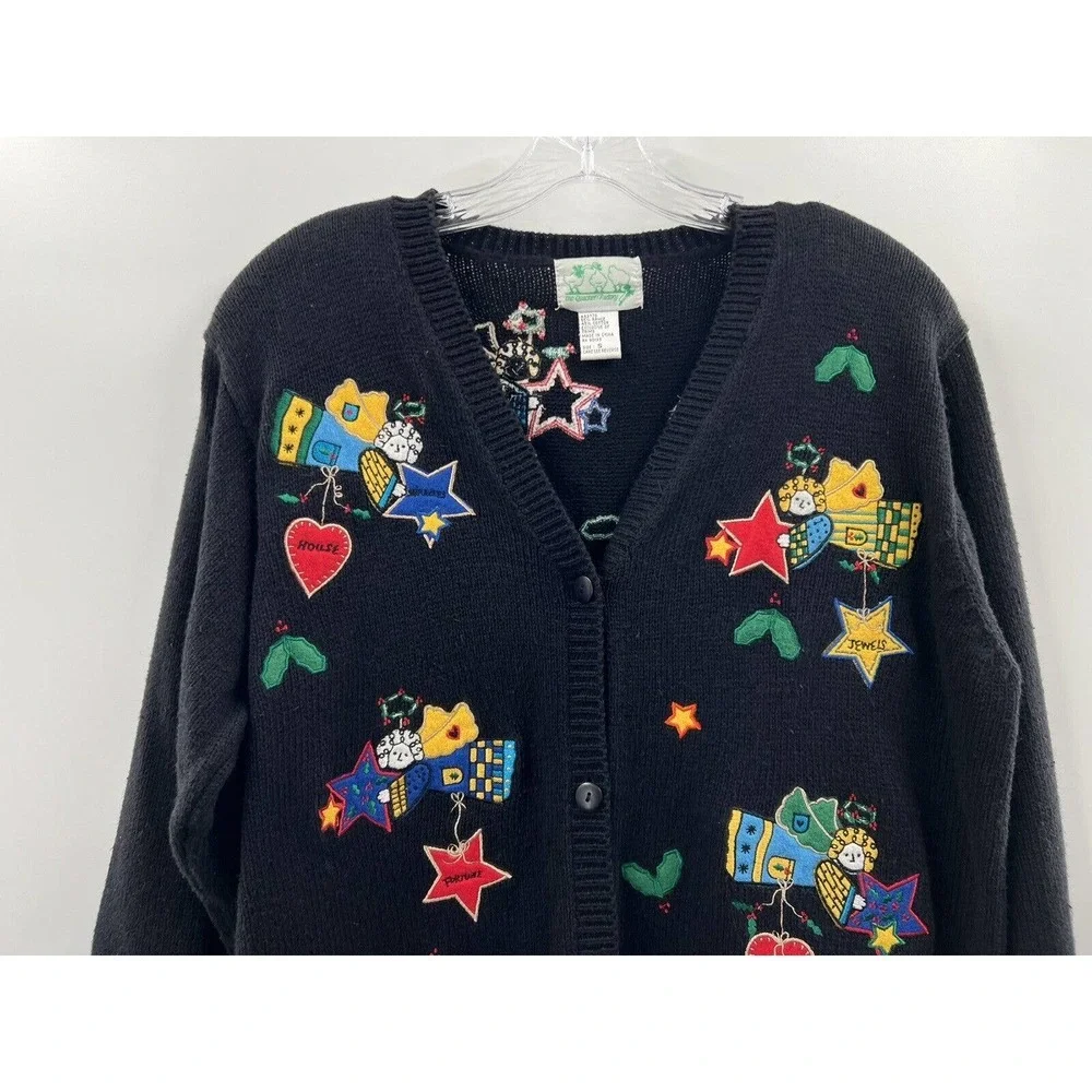 The Quacker Factory Women’s Long Sleeve Cotton/Ramie Black Appliquéd Cardigan S - Picture 2 of 7